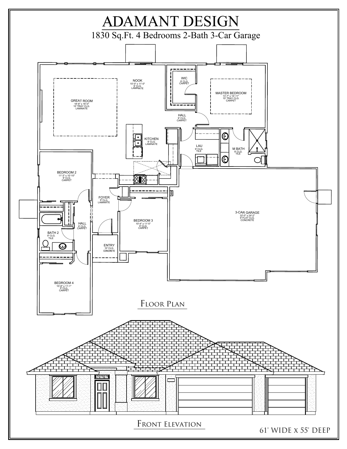 Click to enlarge floor plan Proposed 1,830 square foot 4 bedroom 2 bath floor plan with 3-car garage — click to enlarge